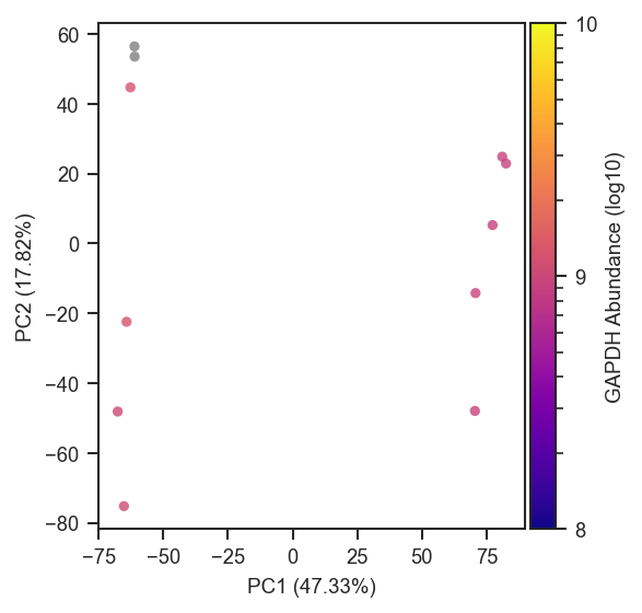 PCA colored by abundance (log10)